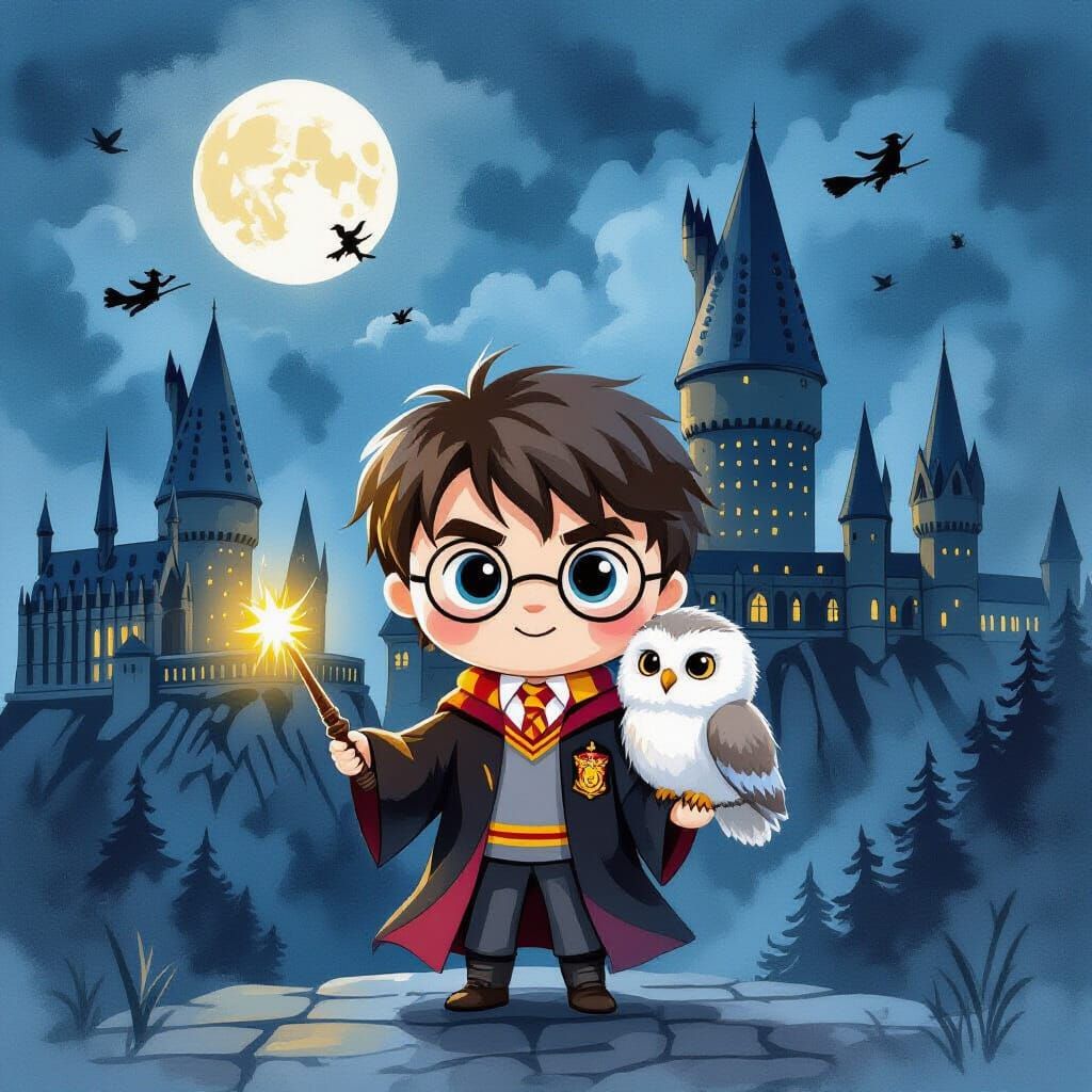 Kawaii Chibi Harry Potter at Hogwarts Watercolor Art