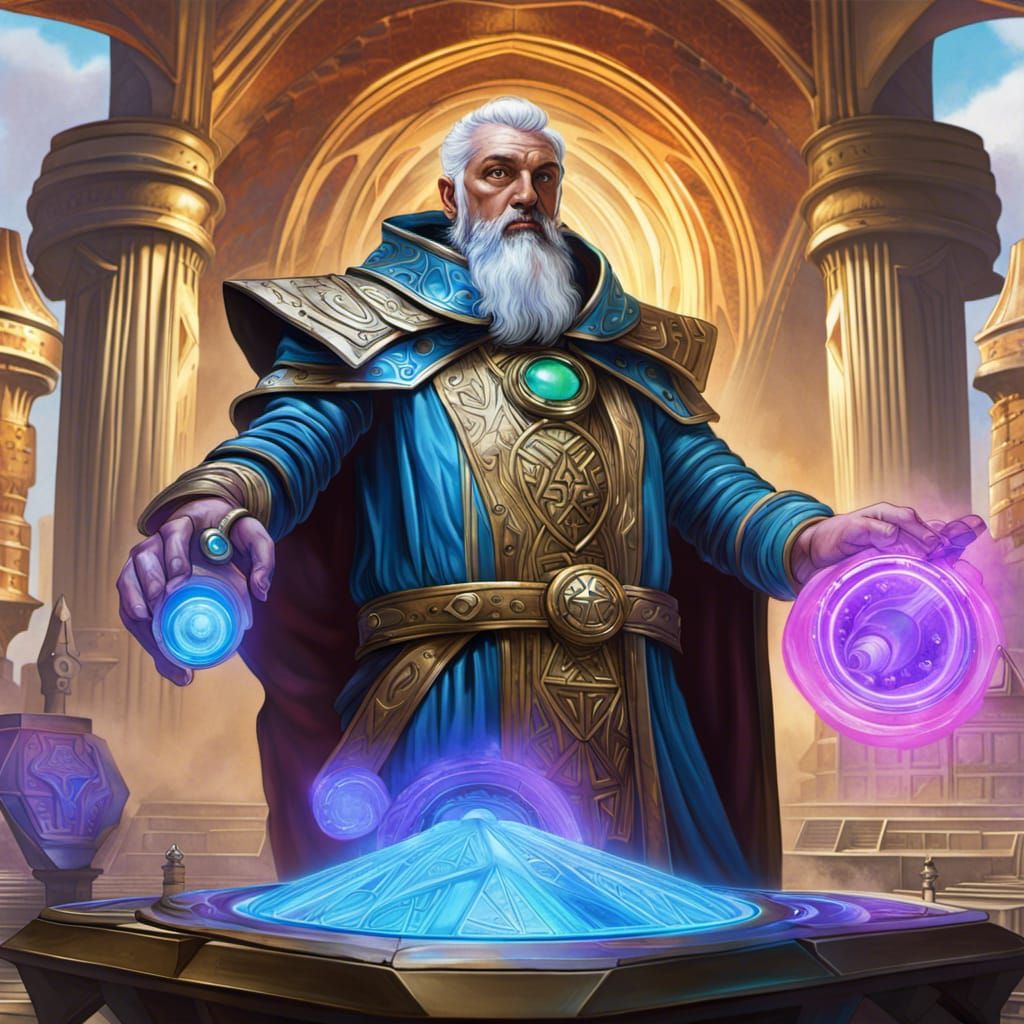 Urza, Lord of Artifacts, magic the gathering fantasy TCG cool colors futurism photorealism hyperrealism digital art digi...