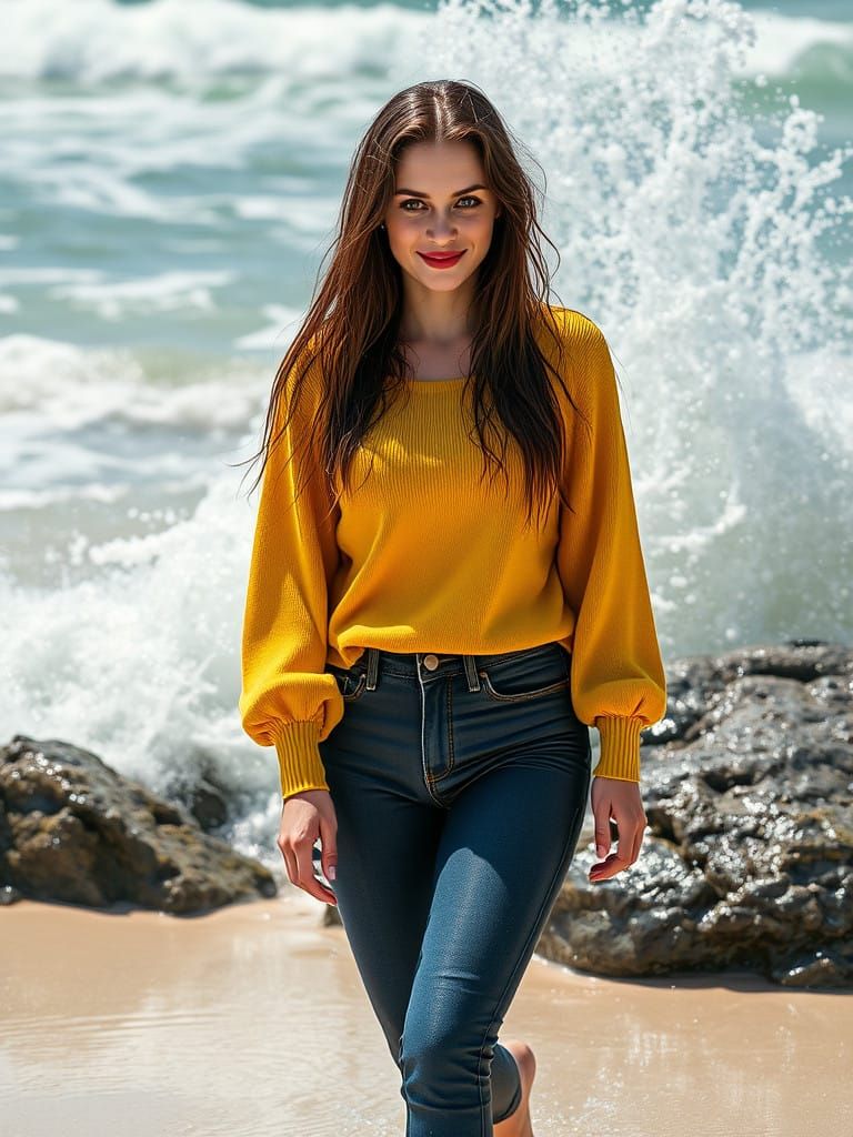 Vibrant Green-Eyed Woman Strolls on Turbulent Beach
