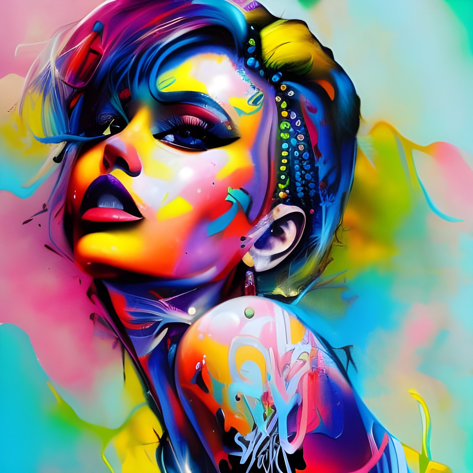 Beautiful Woman in Polychromatic Graffiti Art