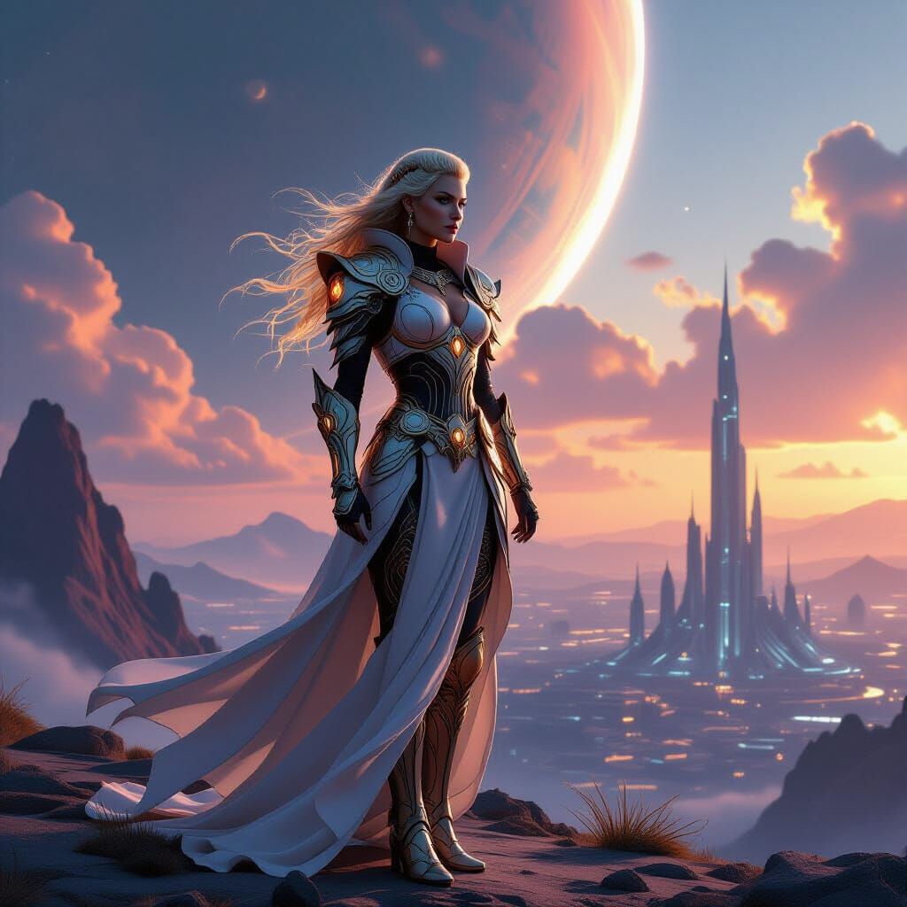 Valkyrie on Alien Planet Overlooking Futuristic City