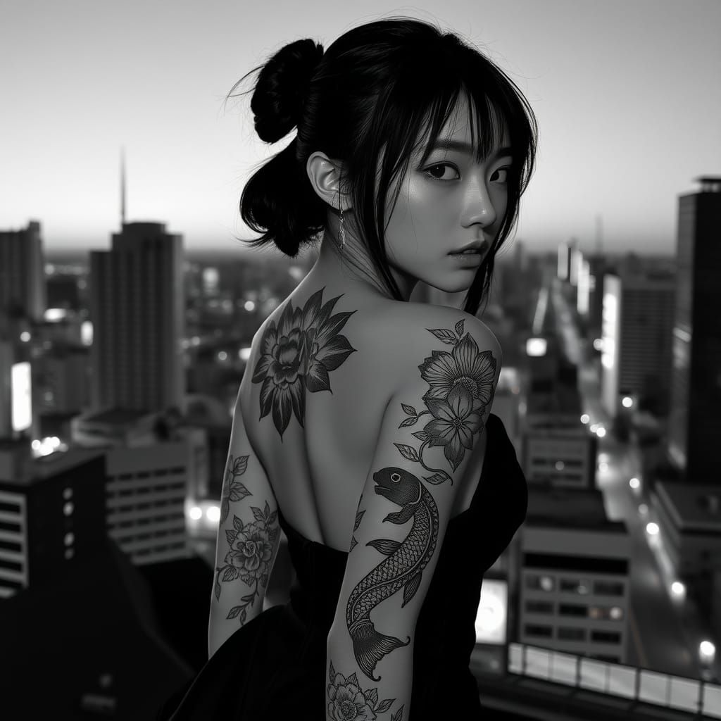 Japanese Model with Traditional Tattoos in Black and White