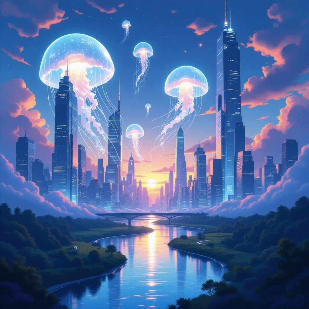 Futuristic Cityscape with Bioluminescent Jellyfish, Ghibli S...