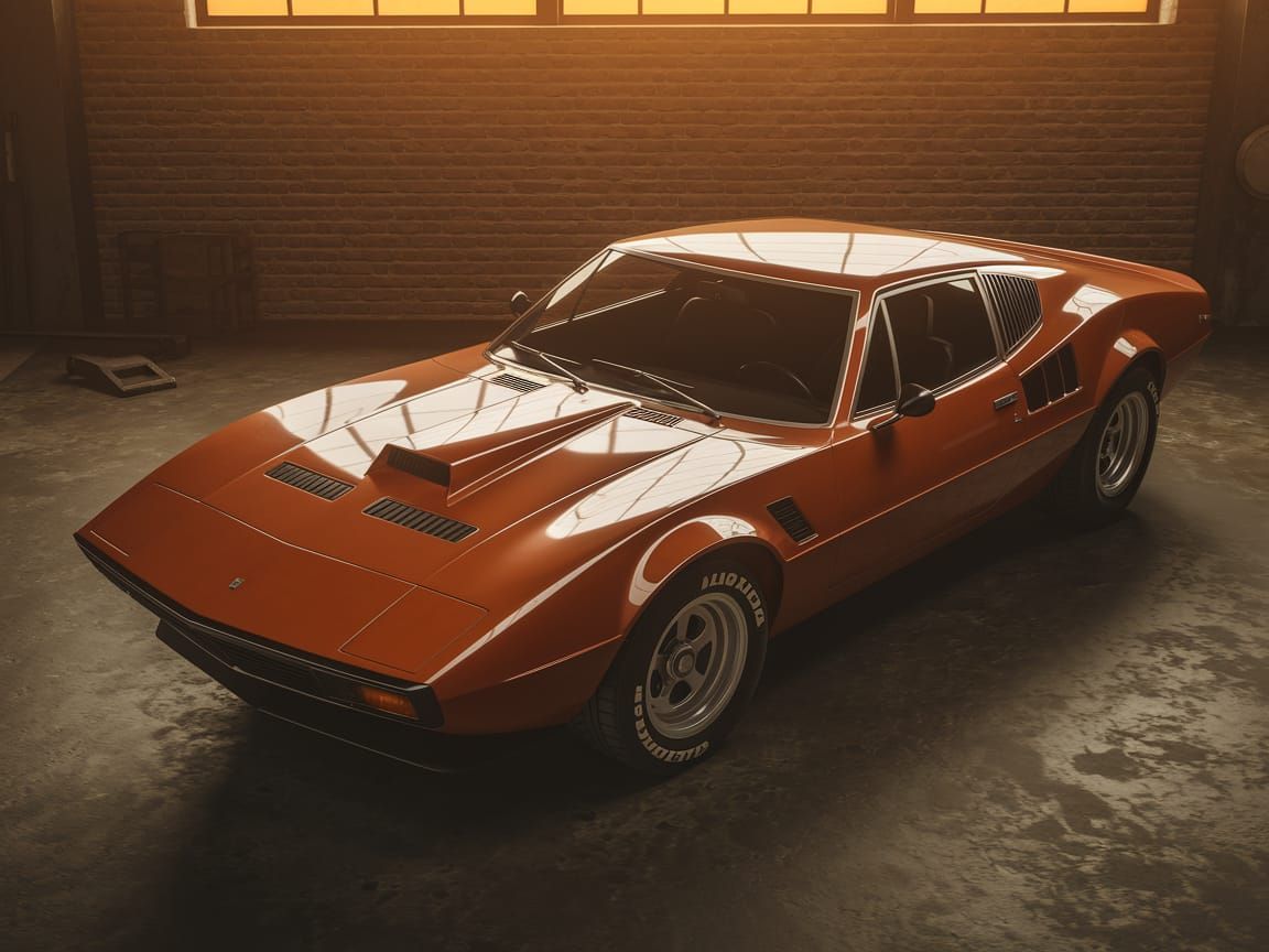 Vintage Orange-Red Classic Sports Coupe in Retro Garage