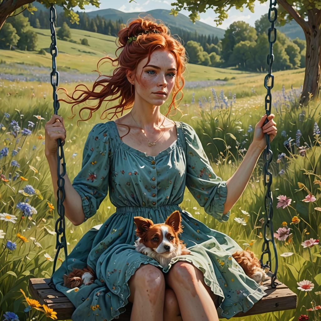 Woman with Red Hair and Puppy on Swing
