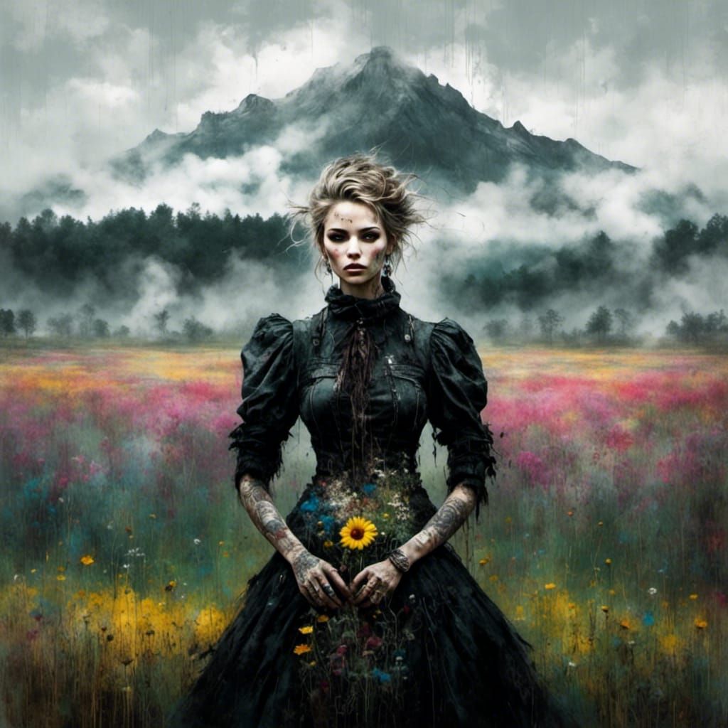 Woman in Meadow with Grunge Poster Style