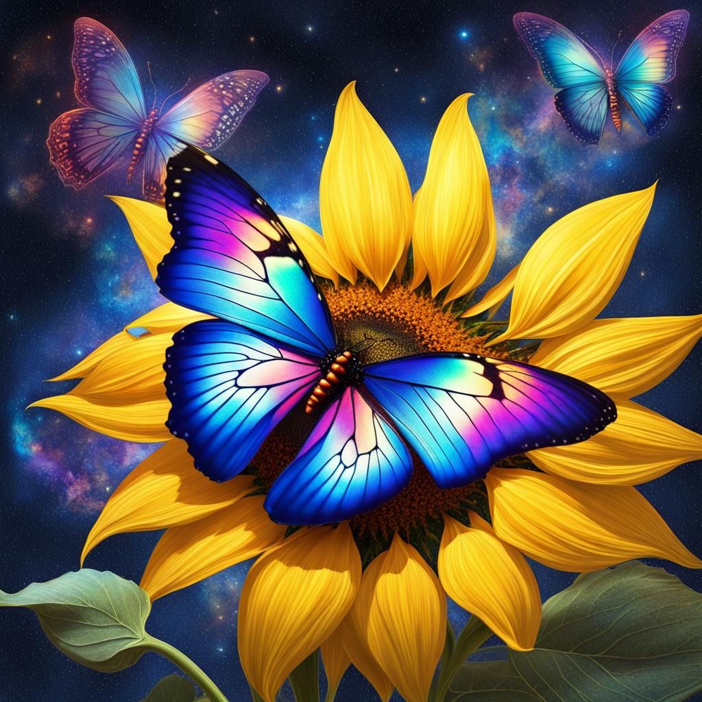 Butterfly and Sunflower in Astral Holographic Illustration