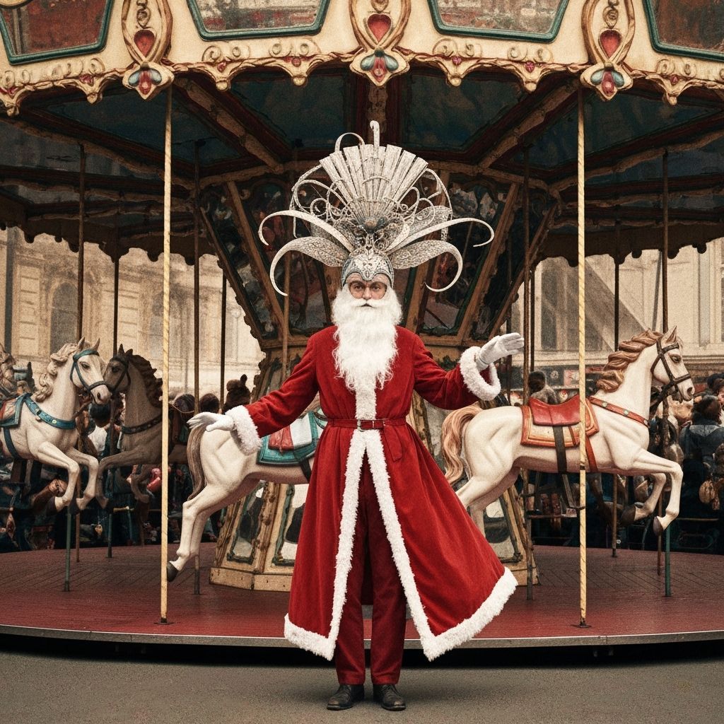 Surreal Father Christmas on Carousel with Avant-Garde Headpi...