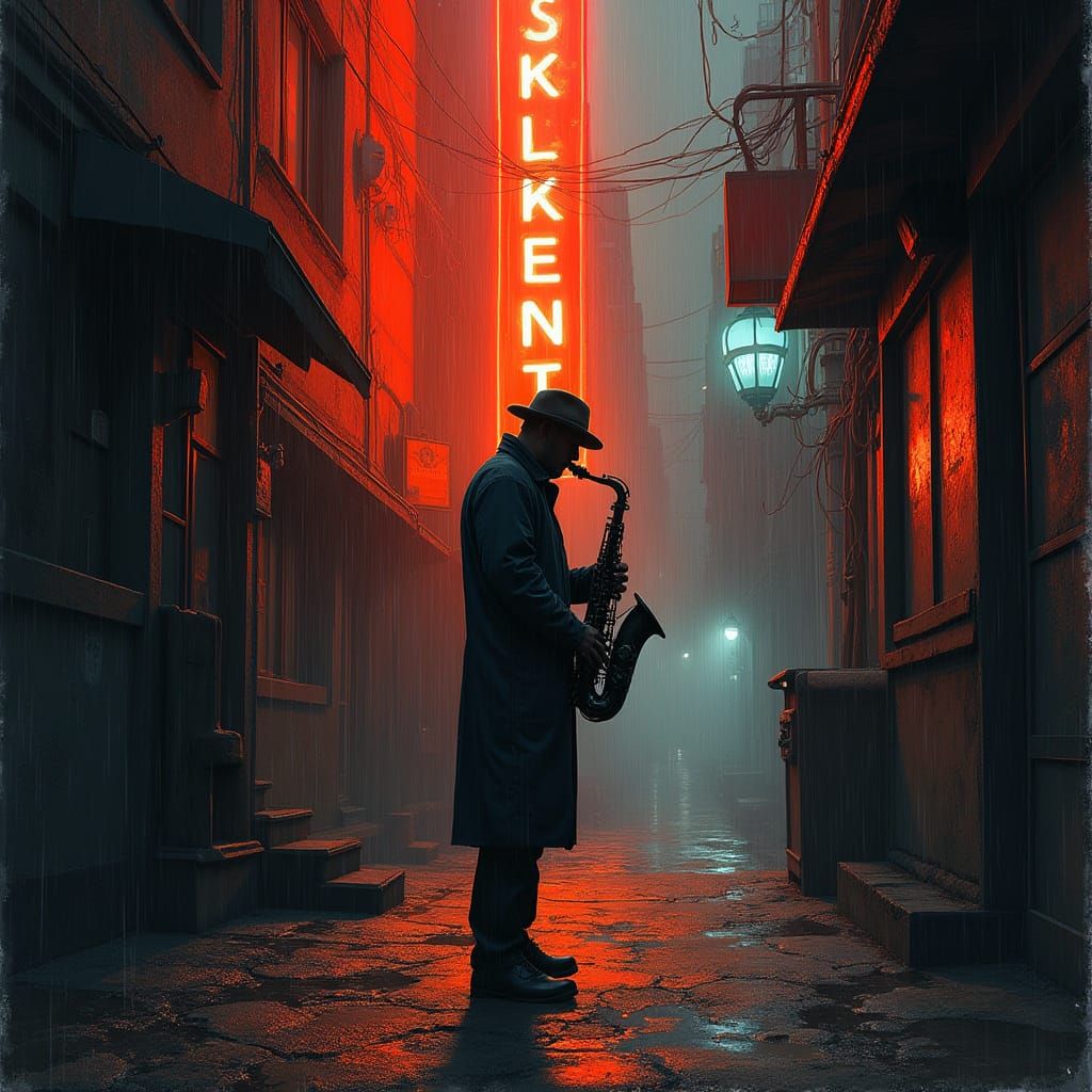 Gritty Cyberpunk Saxophonist in Neon Alleyway