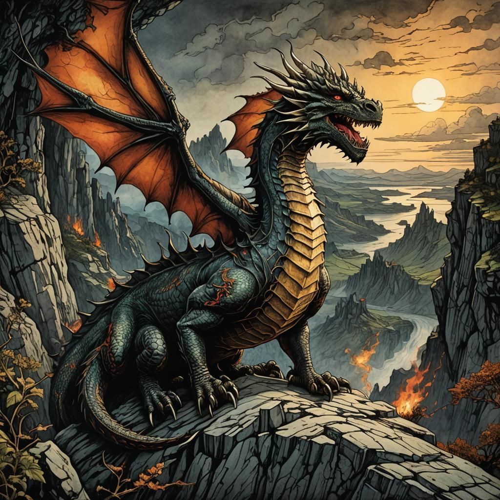 Dragon on Cliff Edge in Retro D&D Style