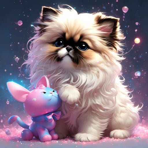 Adorable fluffy Pekinese puppy and cute toy.