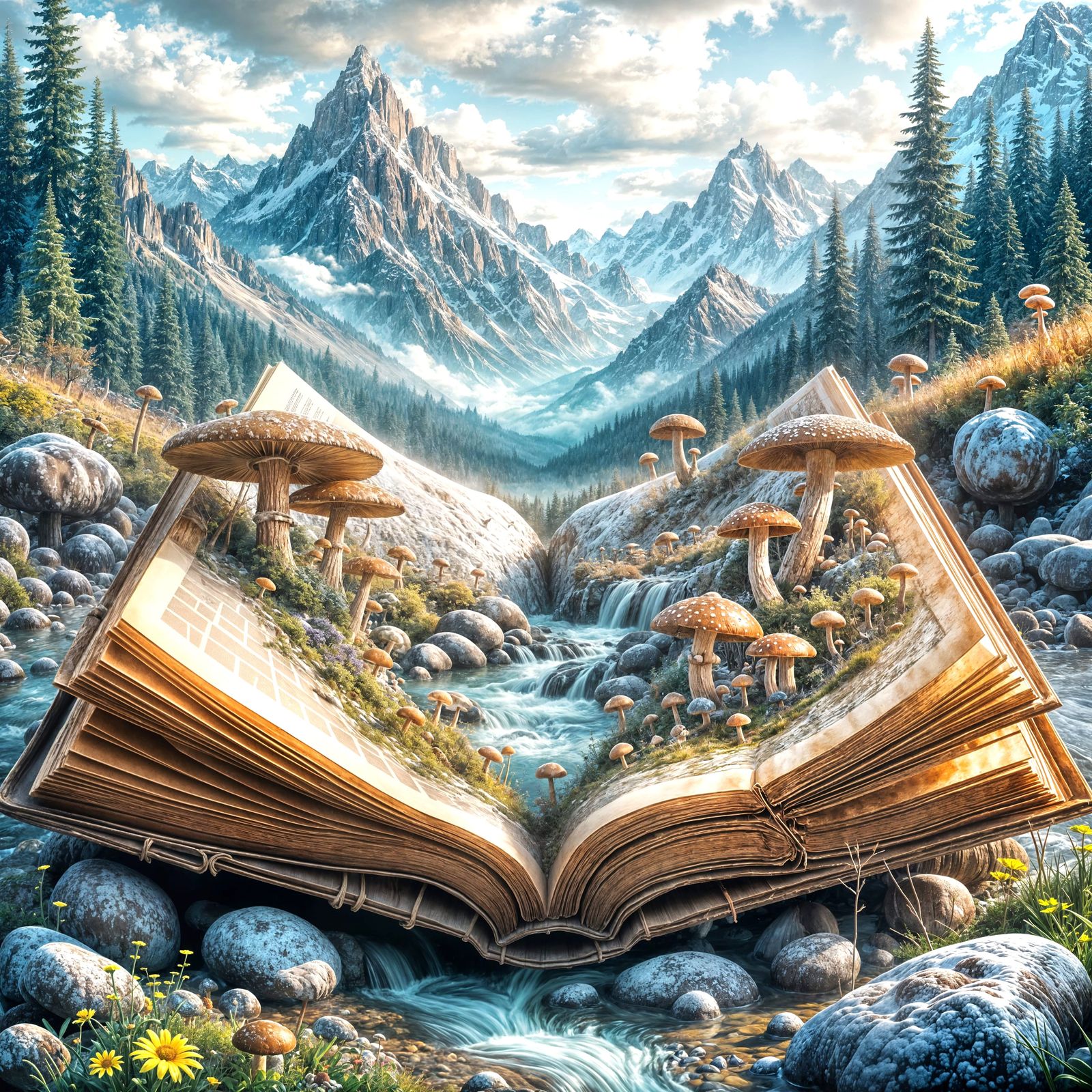 Whimsical Valley Scene in Watercolor Realism