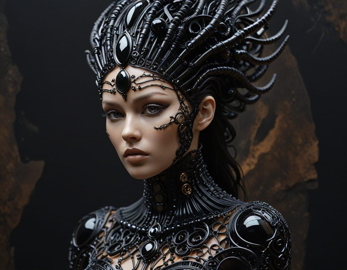 Surrealistic Black Onyx Goddess with Biomechanical Headdress