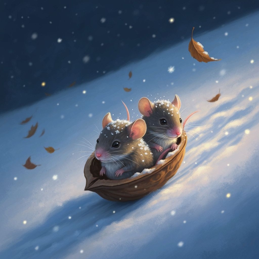 Baby Mice Slide Down Snowy Hillside in Painterly Fairytale A...