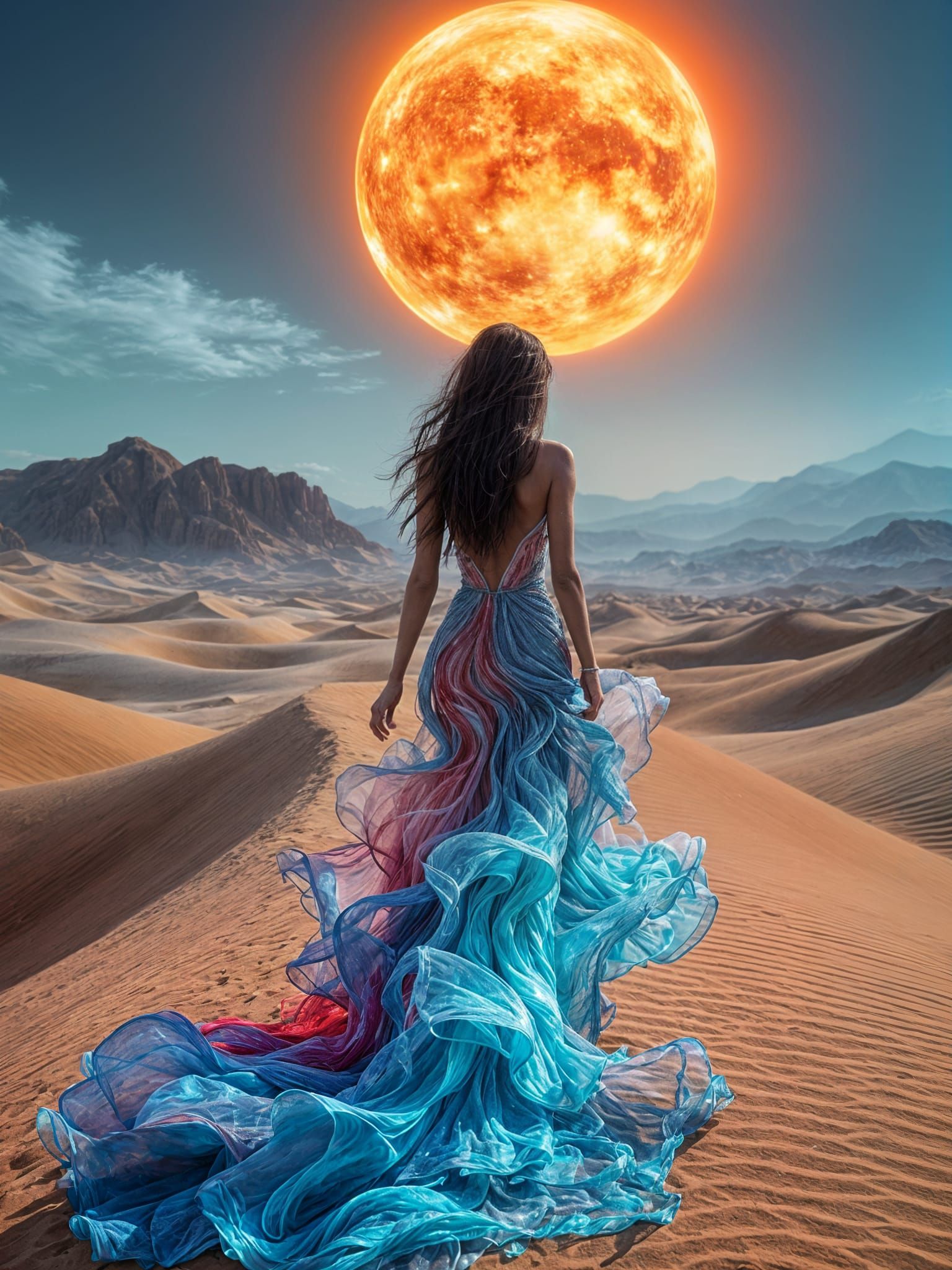 Liquid Dress on Desert Woman: Ultra-HDR Photo