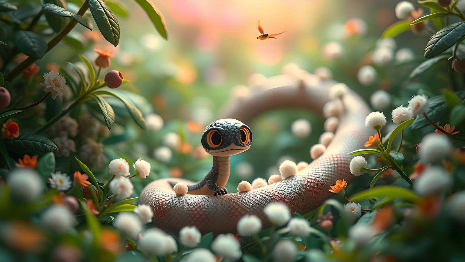 Kawaii Chibi Robot Snake in Psychedelic Jungle
