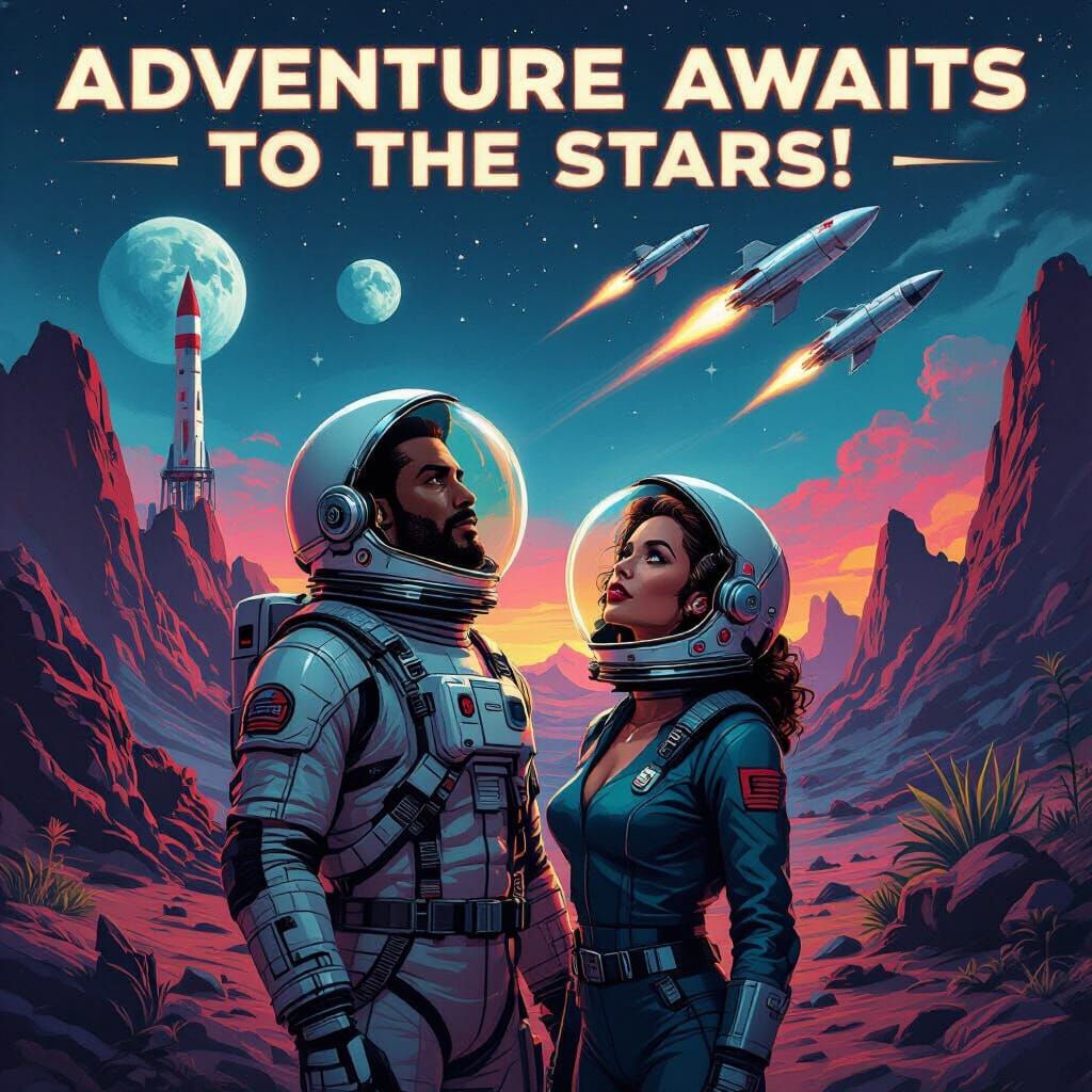 Retro Sci-Fi Astronauts on Alien Planet