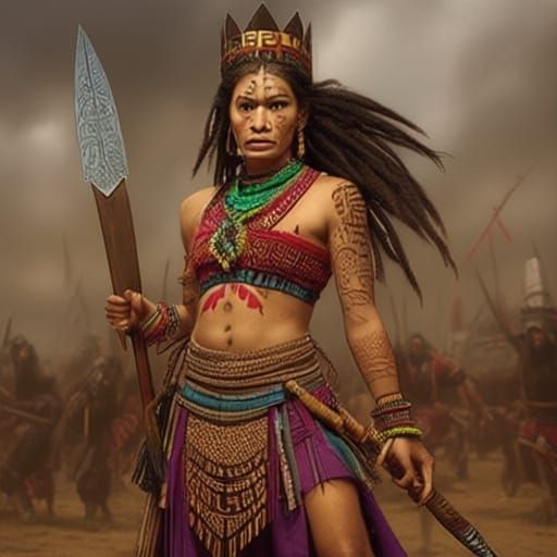 Tribal Woman with Dragon Tattoo and Spear