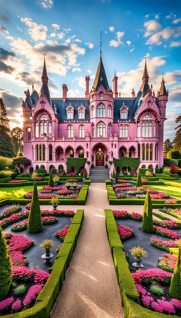 Opulent Neo-Gothic Mansion in Manicured Garden