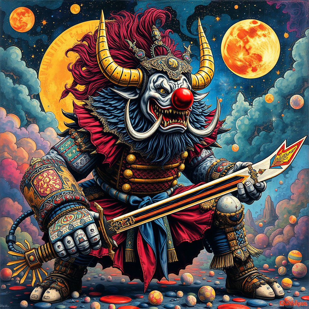 Surreal Minotaur Clown Samurai in Impasto Style
