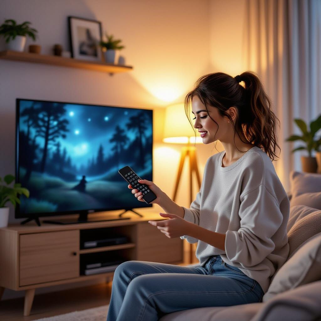 Woman Turns Off TV in Hyper-Realistic Comic Style