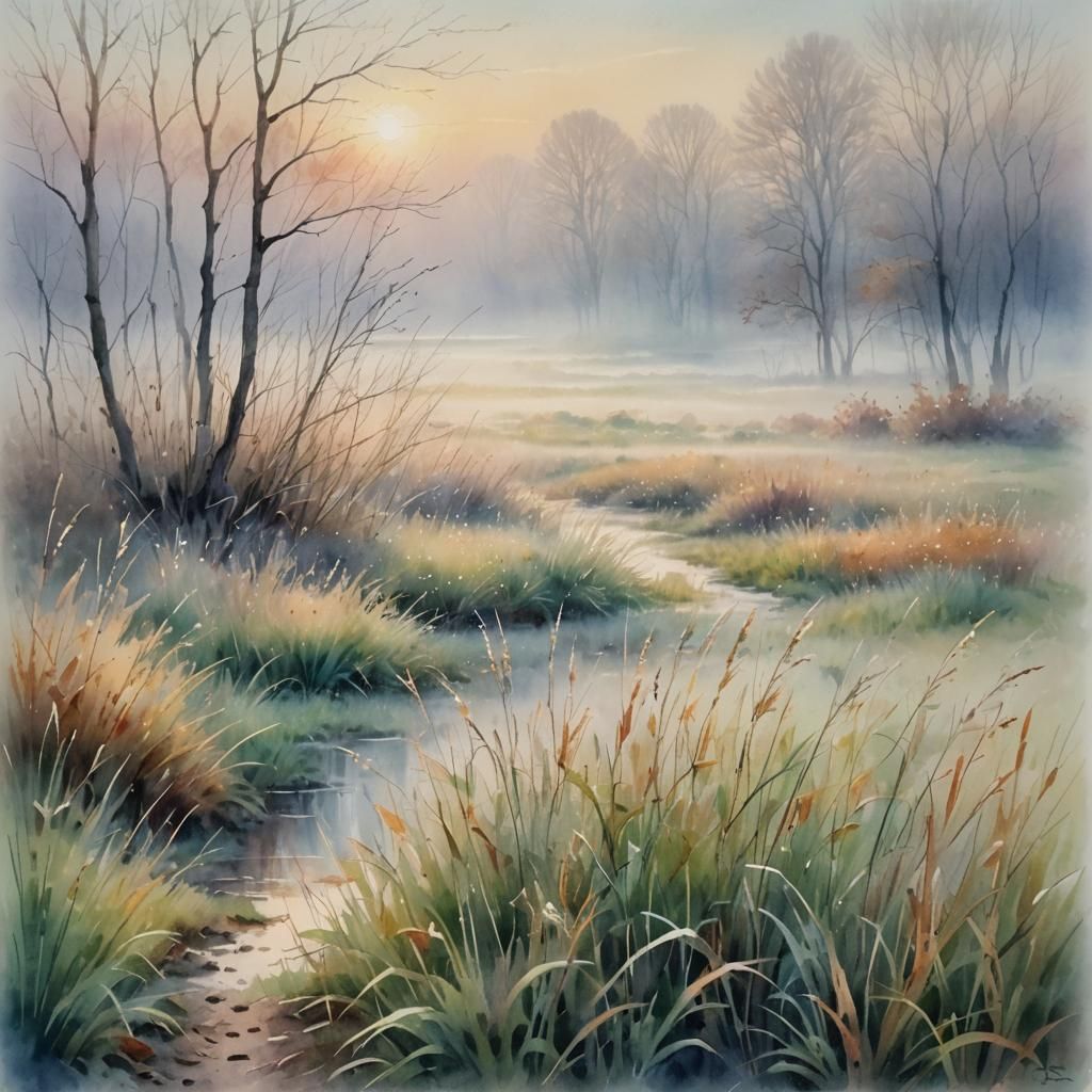 Frozen Grass Watercolor Landscape in Foggy Morning