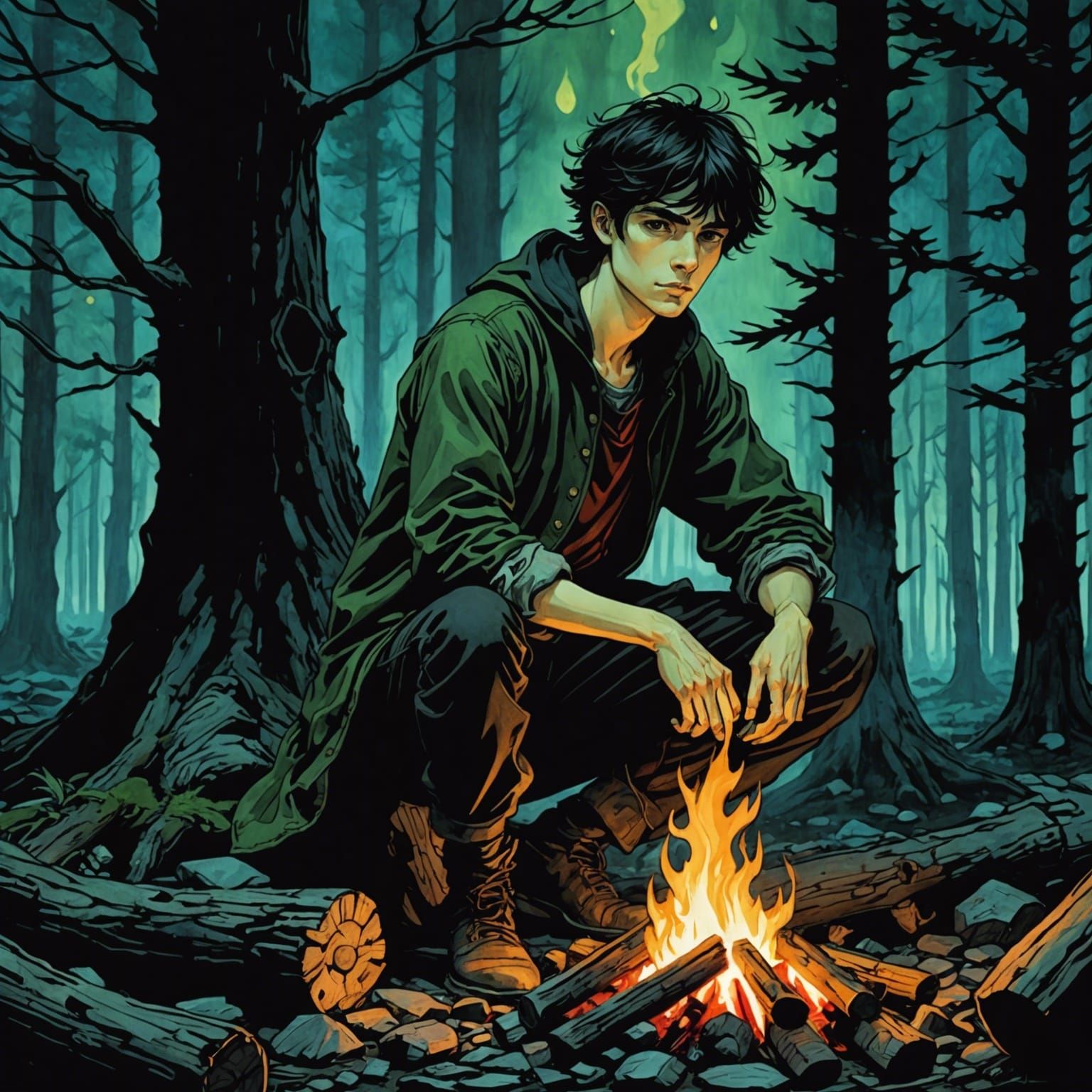 Young Man by Campfire in Dark Enchanted Forest