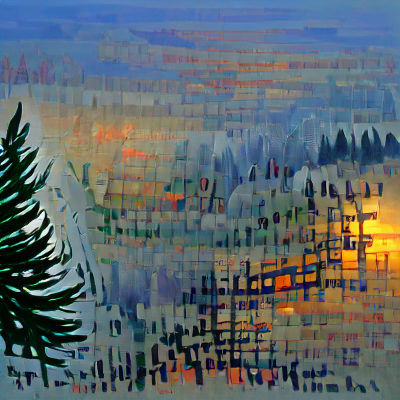 Impressionistic Light Through Fir Trees at Dusk