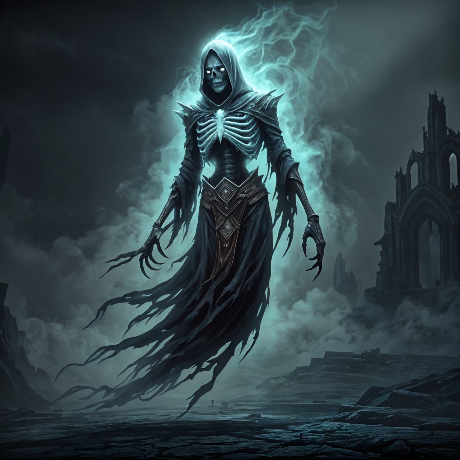 Ghostly Undead Creature in Mist, Dark Fantasy Style