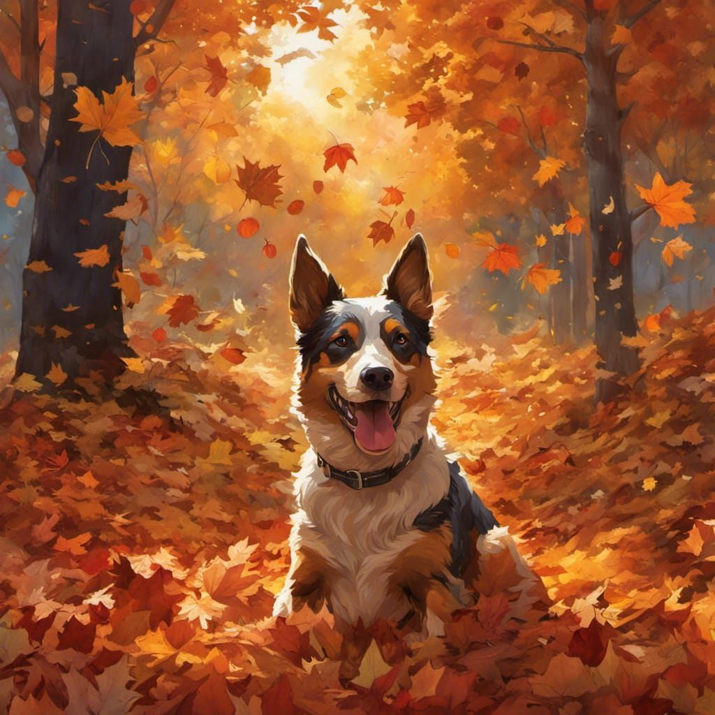 Red Heeler Joyfully Playing in Autumn Leaves