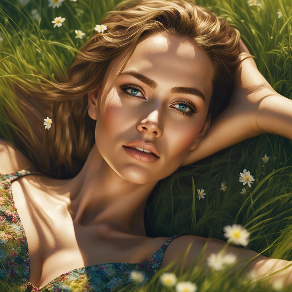 Hyperrealistic Portrait of a Woman in Spring Meadow