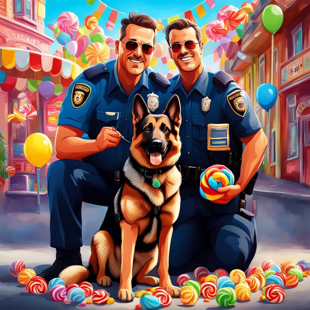 Policeman and K9 Celebrate Birthday in Candy Art Style