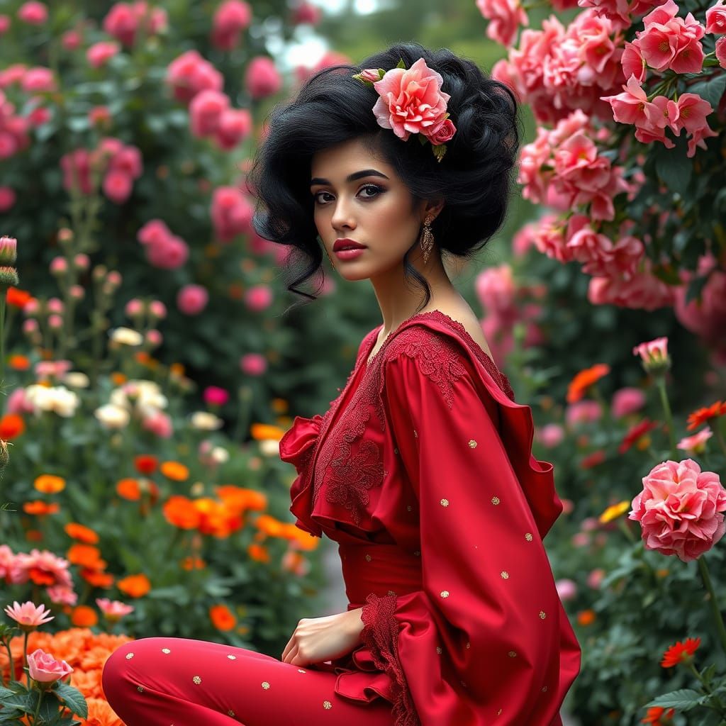 Elegant Woman in Red Jumpsuit, Art Nouveau Style