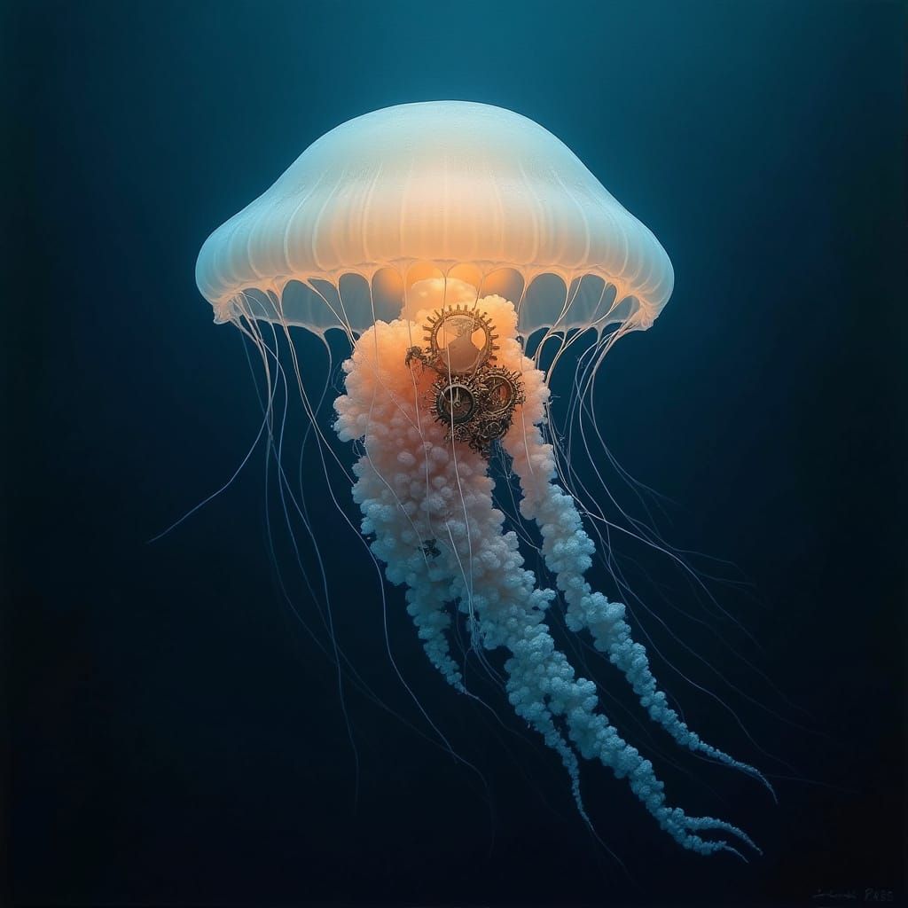 Bioluminescent Jellyfish with Clockwork Gears in Surreal Oil...