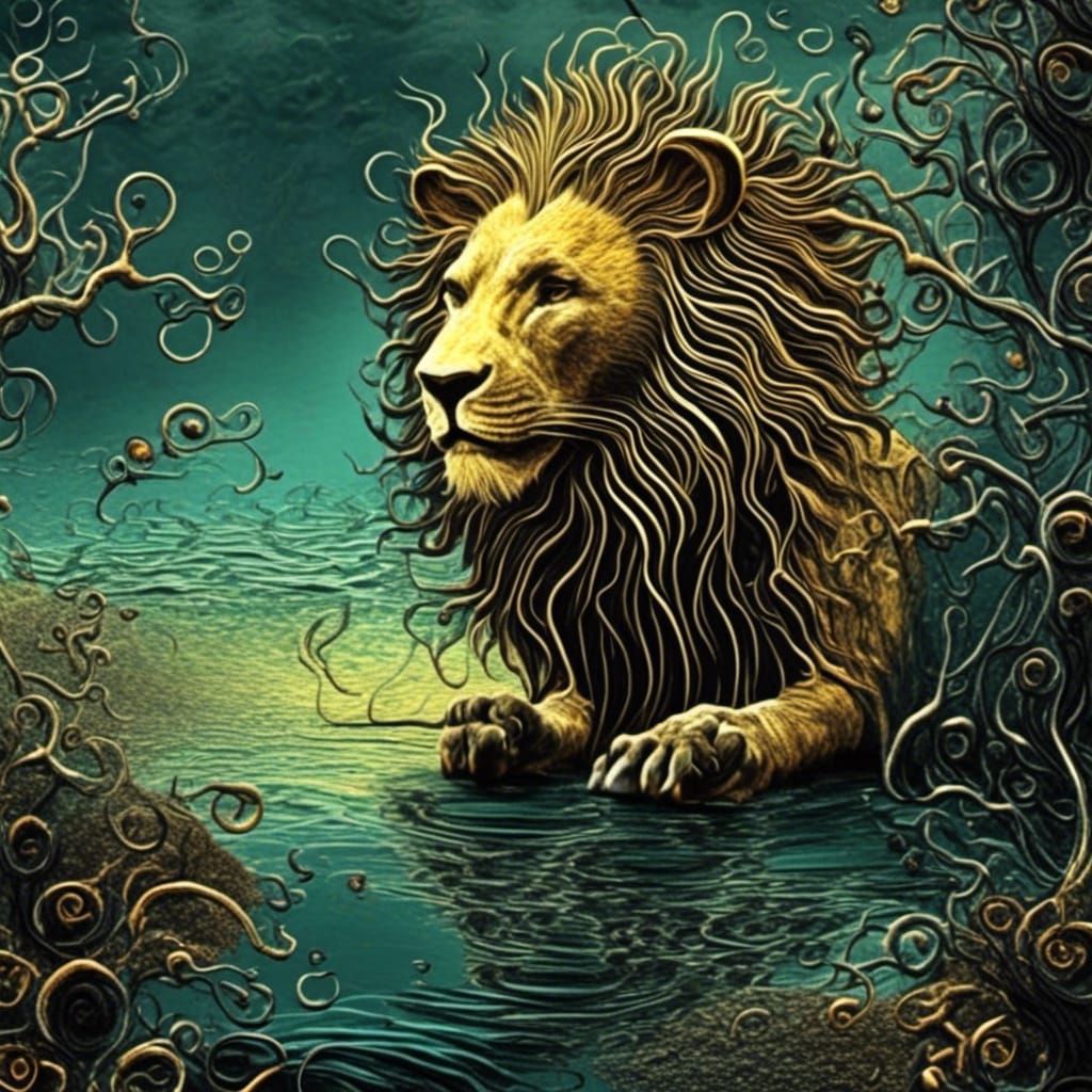 Metallic Lion Drinking: Abstract Expressionist Digital Art