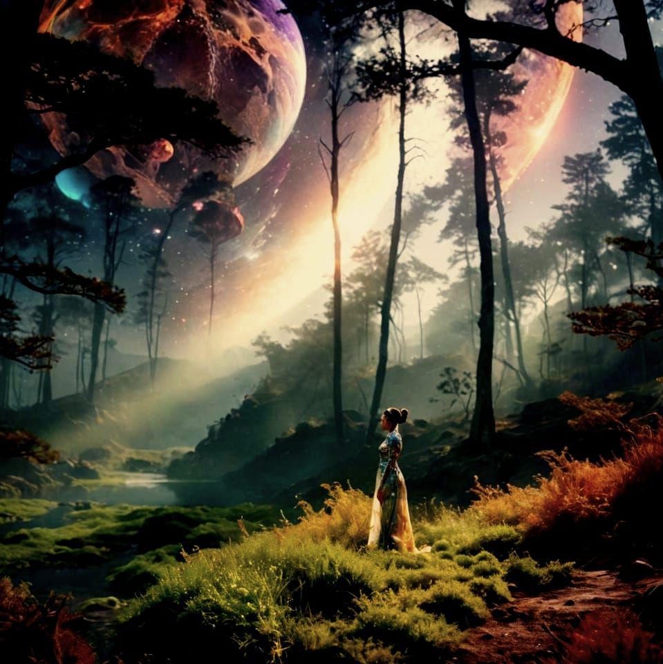 Ethereal Double Exposure: Woman on Alien Planet