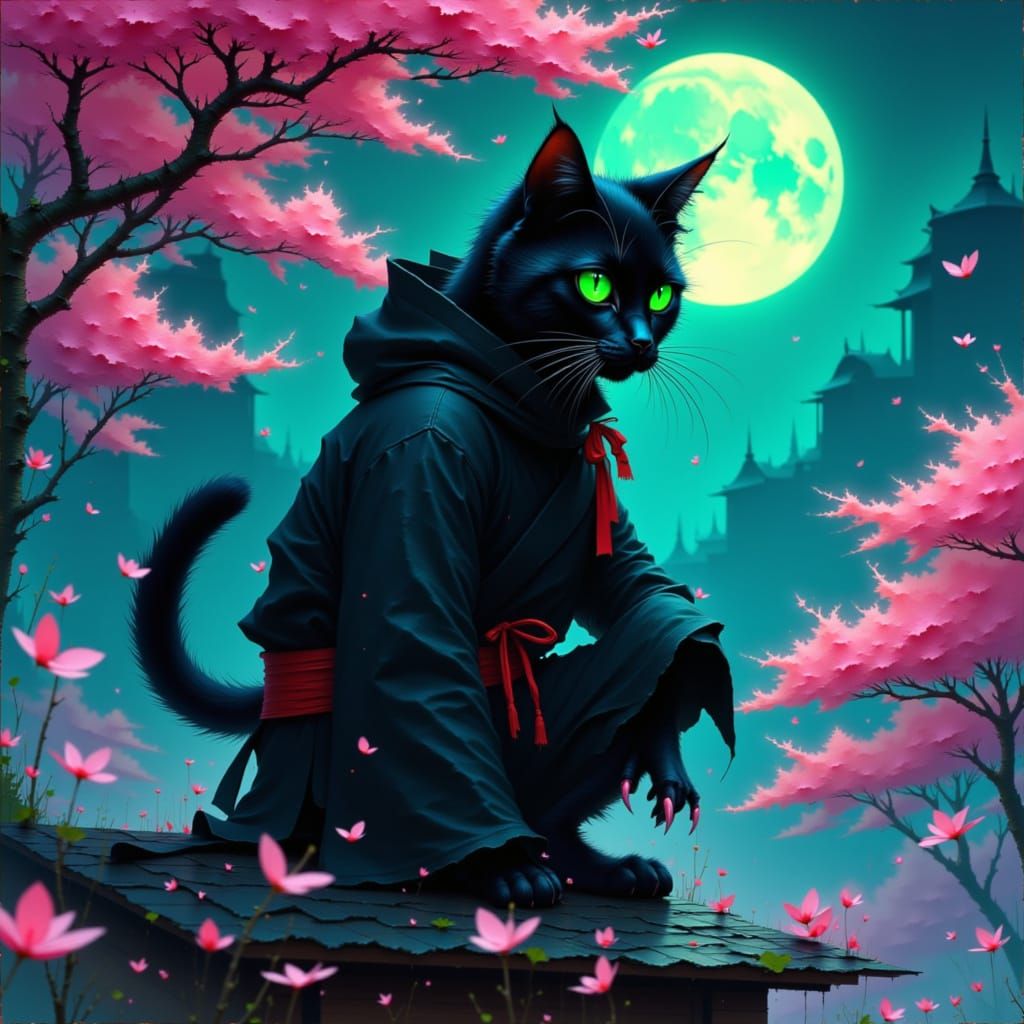 Ninja Cat on Moonlit Rooftop in Anime Style