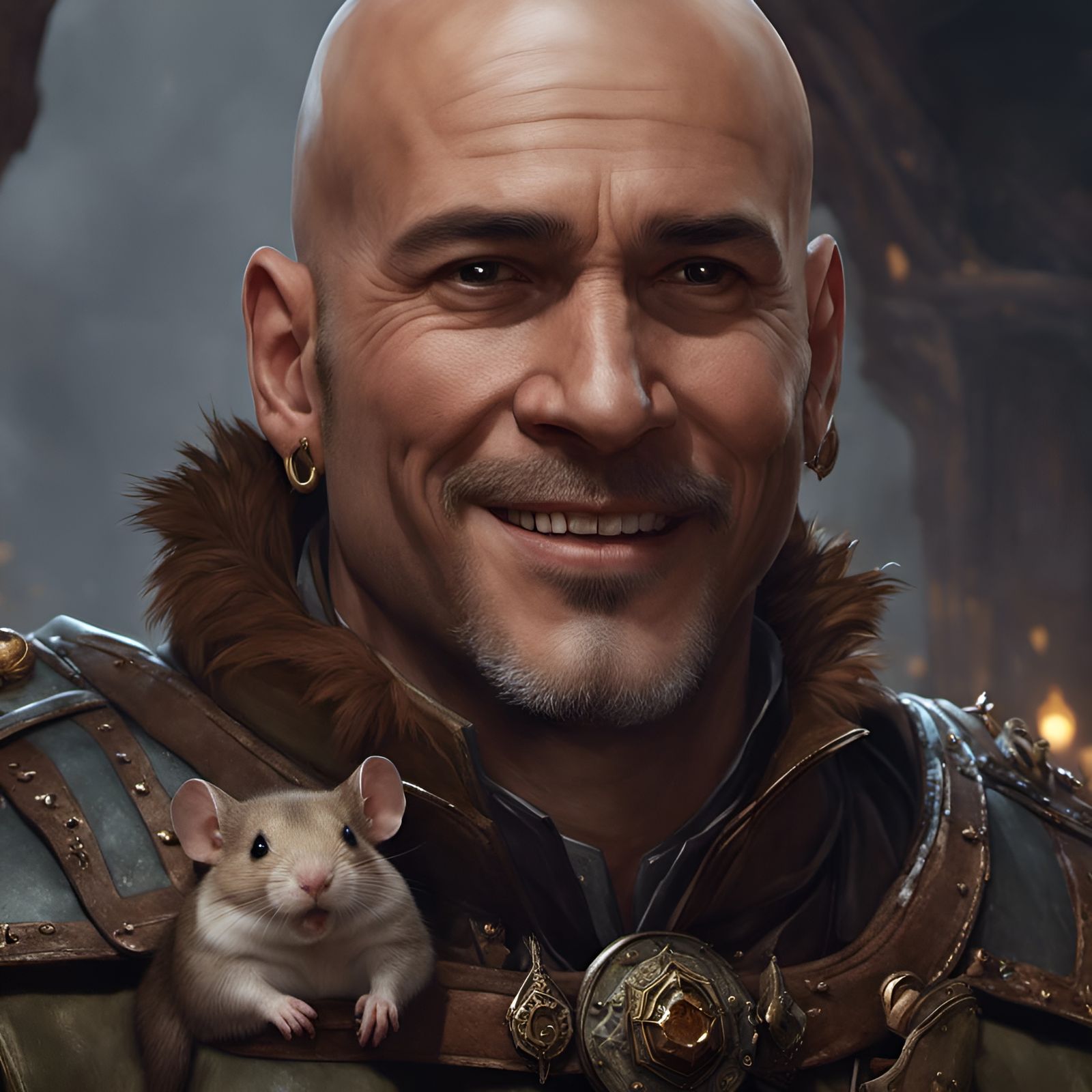 Smiling Bald Ranger Portrait in Dark Fantasy Style