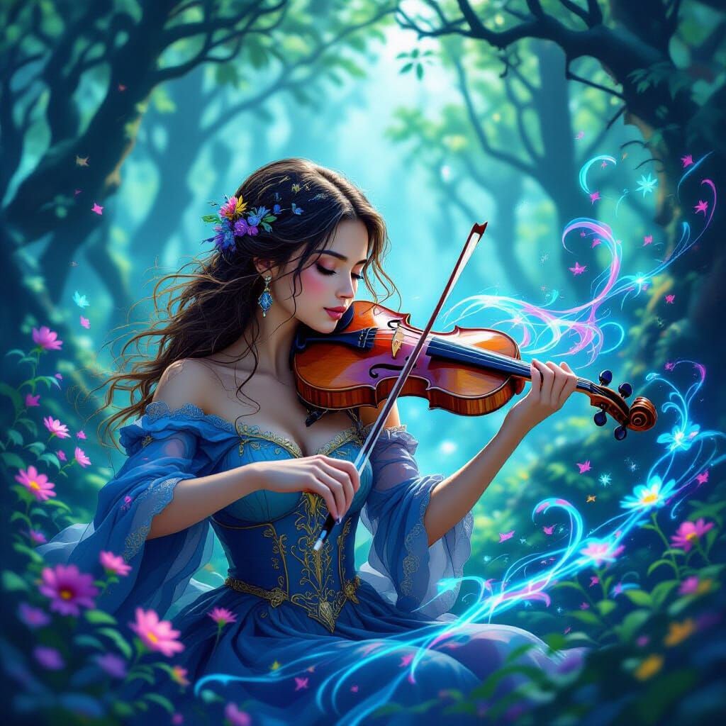 Mystical Violinist in Ethereal Forest Scene