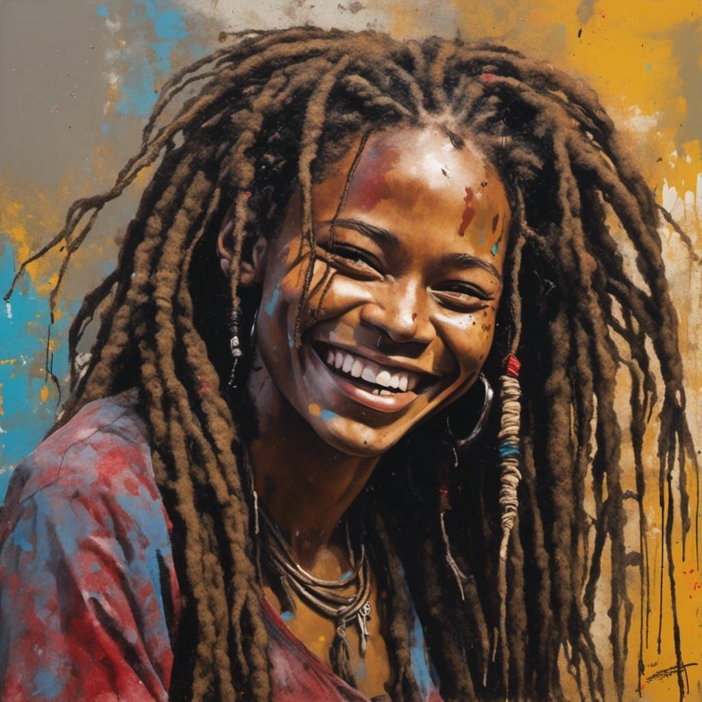 Smiling Black Woman with Dreadlocks in Graffiti Style