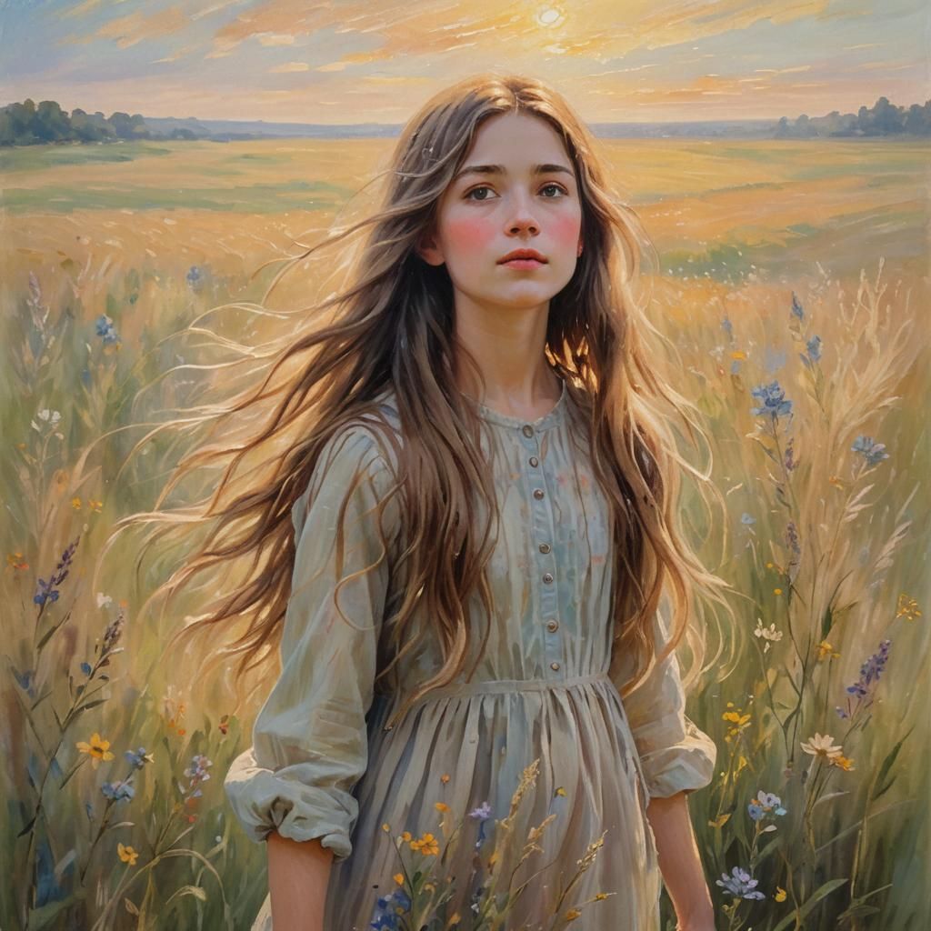 Impressionist Girl with Flowing Hair in Field