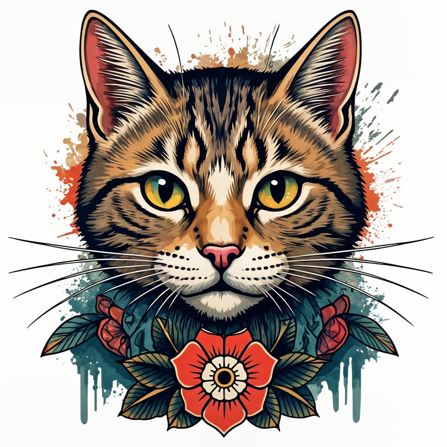 Vibrant Neotraditional Tabby Cat Tattoo Stencil
