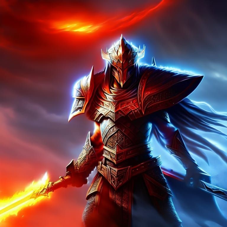 Molten Knight with Glowing Ice Sword in 8k