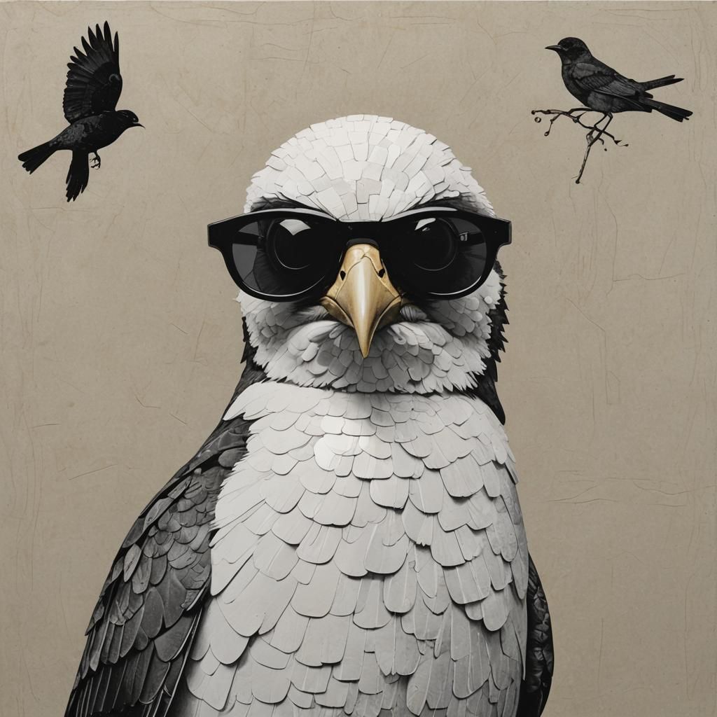 Bird in Sunglasses: Collage Art in Black and White