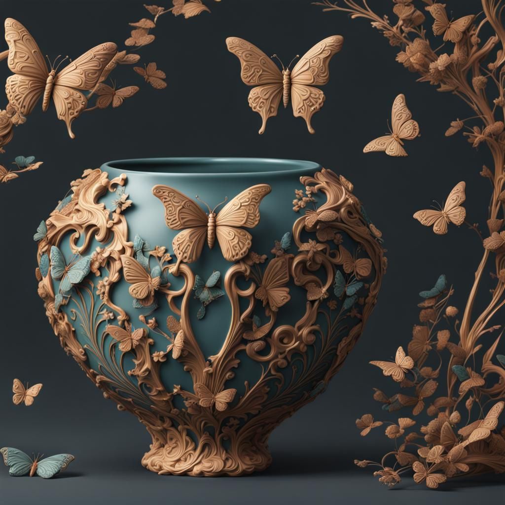 Art Nouveau Butterflies Ceramic Vessel: Digital Matte Painti...