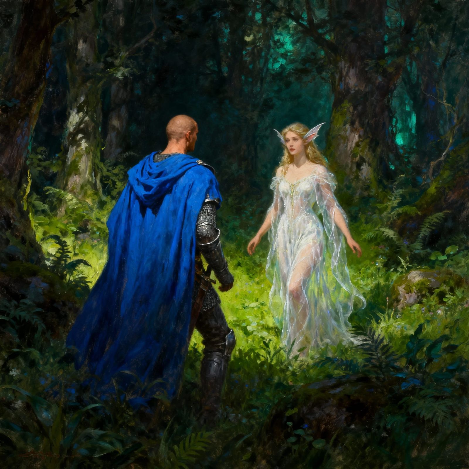 Knight Encounters Fae Woman in Enchanted Forest