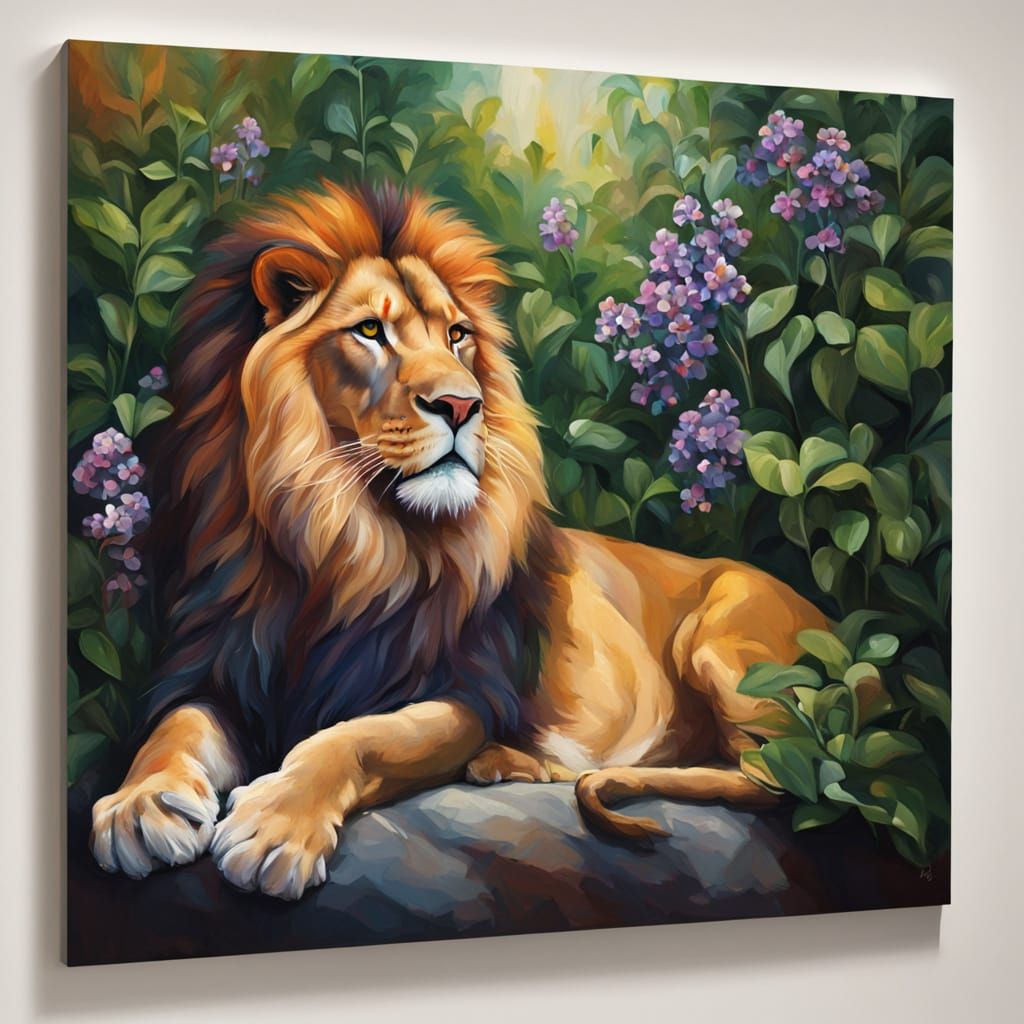 Lion on Silk Pillow: Realistic Oil Painting