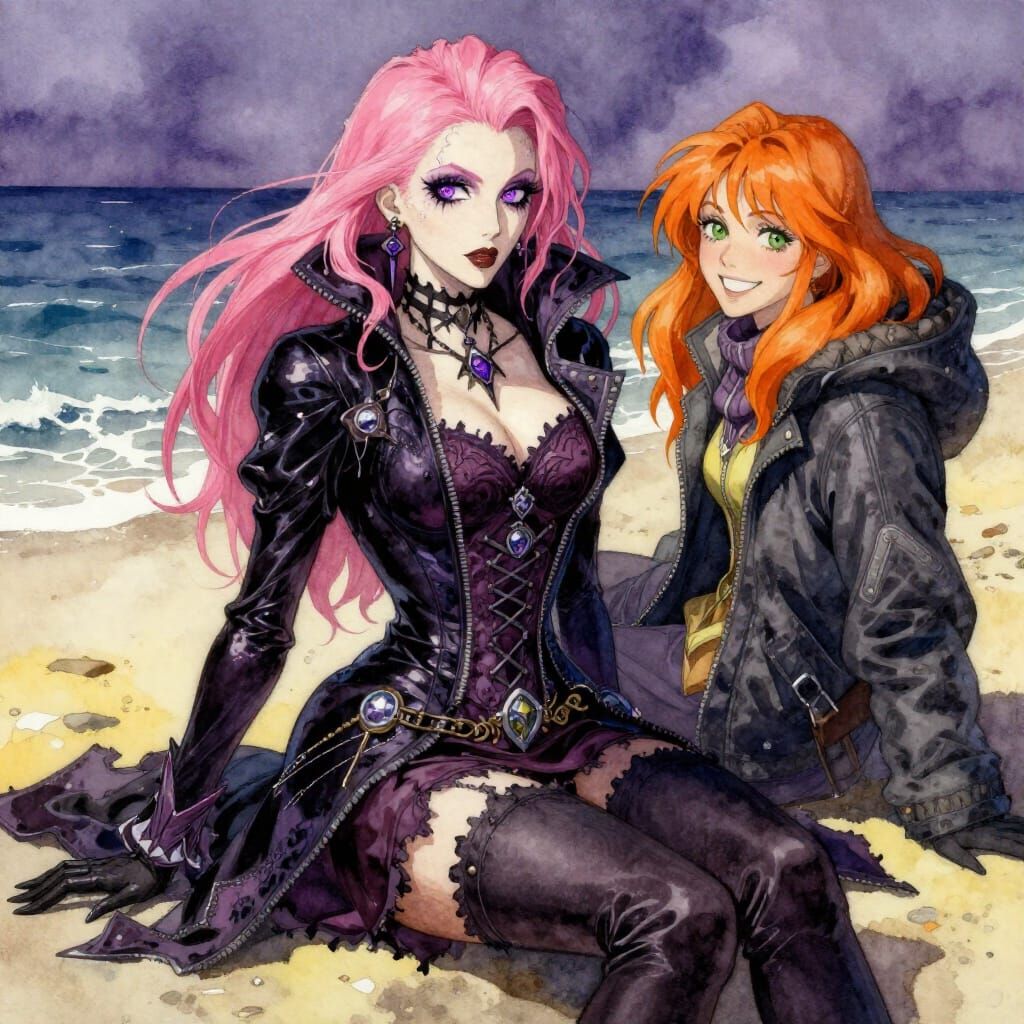Gothic Winter Beach Scene with Pink and Orange Haired Women