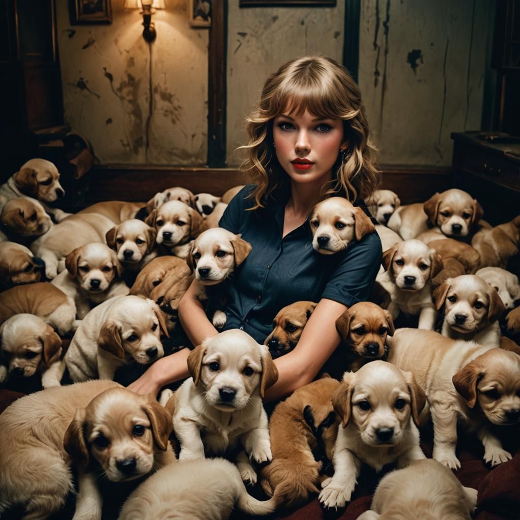 Taylor Swift Portrait with Puppies in Moody Lighting