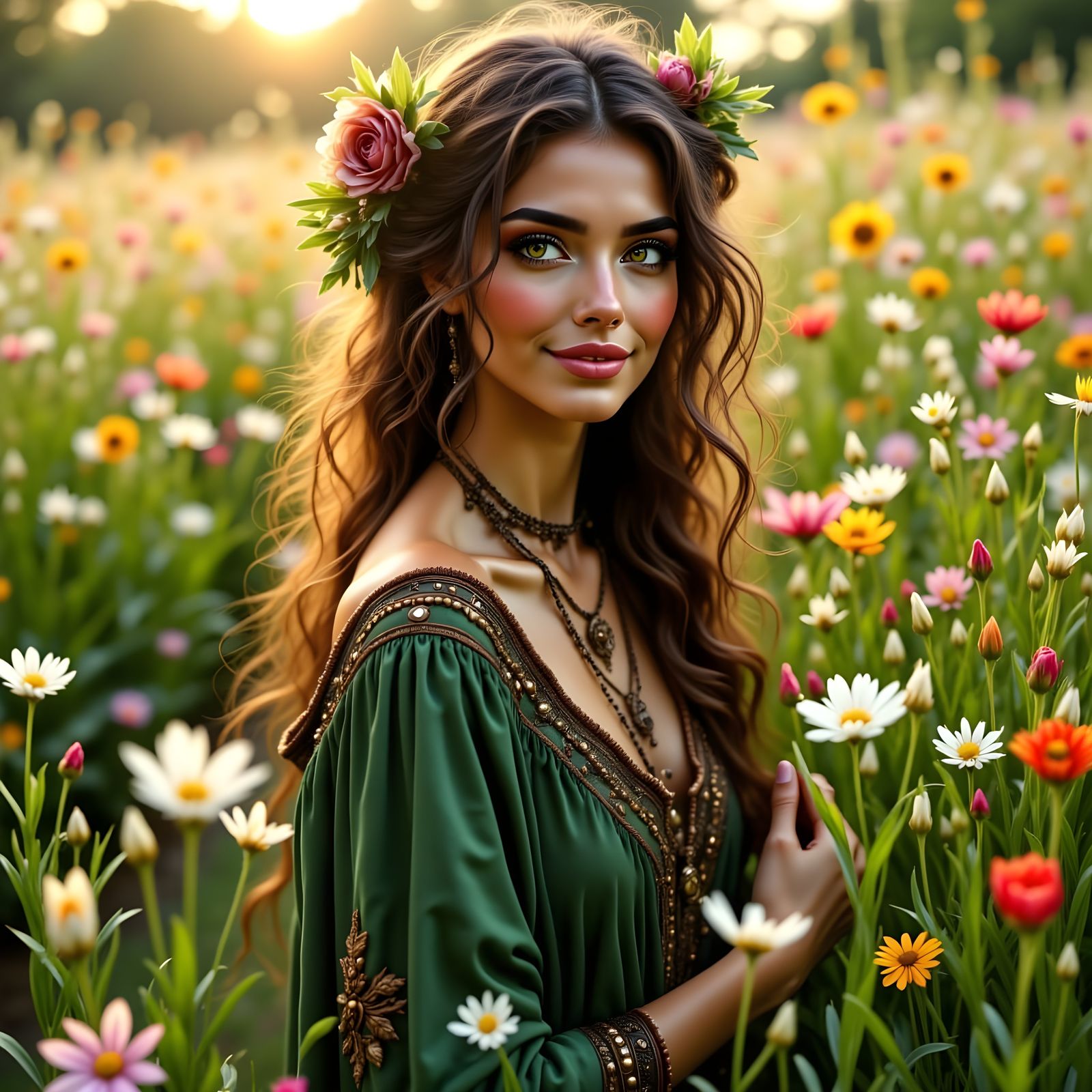 Surreal Goddess in Vibrant Spring Landscape
